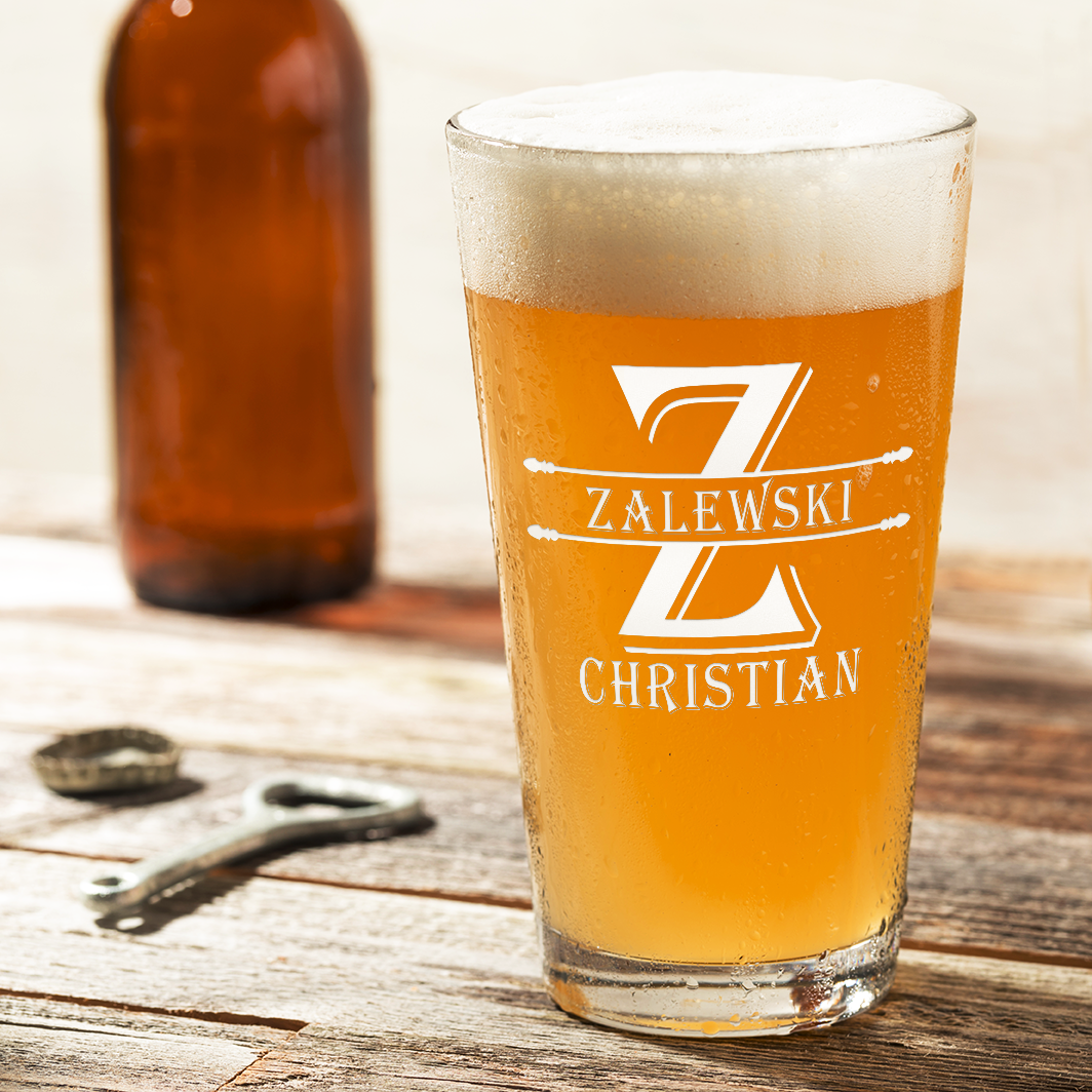 Personalized Initial Block Surname Laser Engraved Glass Pint