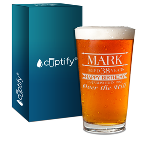 Personalized Name Year and Age Classic Happy Birthday Over The Hill Laser Engraved Glass Pint