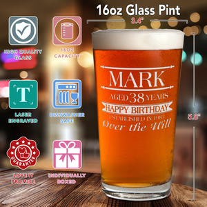 Personalized Name Year and Age Classic Happy Birthday Over The Hill Laser Engraved Glass Pint