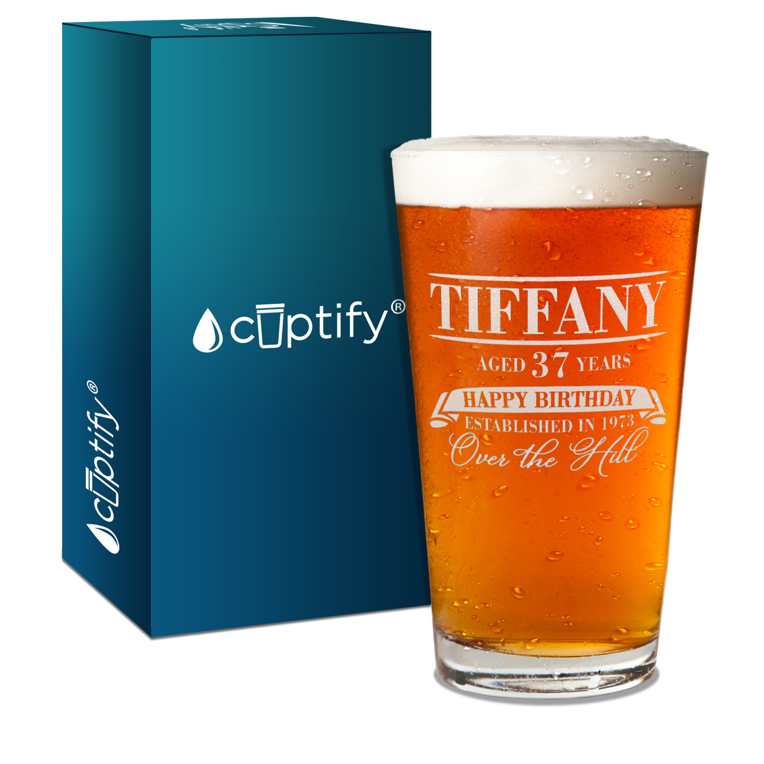 Personalized Year and Age Happy Birthday Over The Hill Laser Engraved Glass Pint