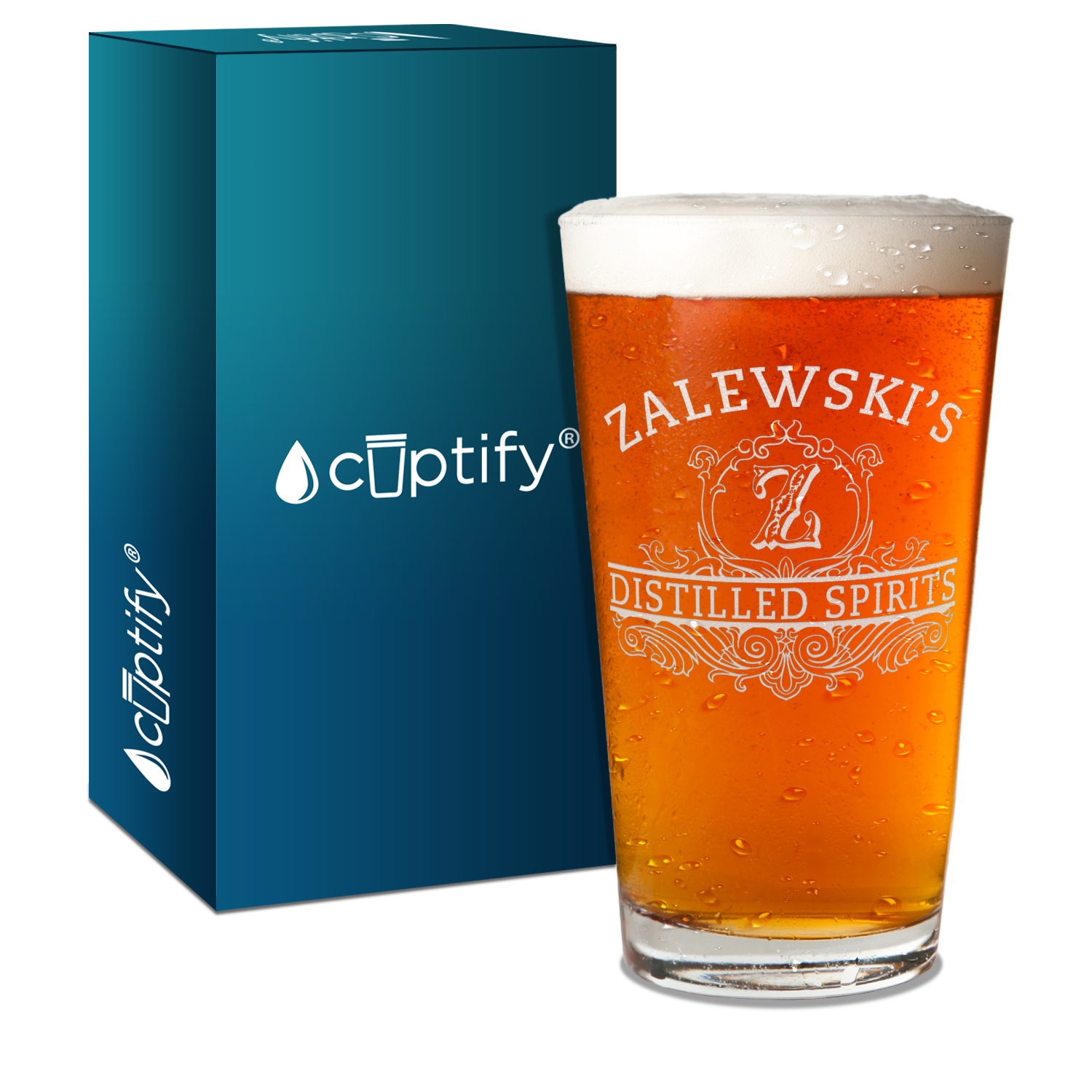 Personalized Distilled Spirits Surname and Initial Laser Engraved Glass Pint