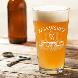 Personalized Distilled Spirits Surname and Initial Laser Engraved Glass Pint