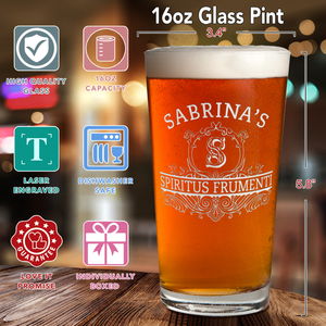 Personalized Spiritus Frumenti Name and Initial Laser Engraved Glass Pint