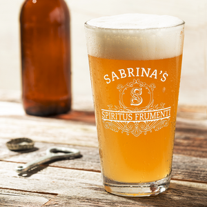 Personalized Spiritus Frumenti Name and Initial Laser Engraved Glass Pint