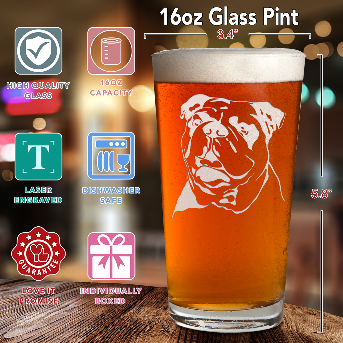 Bulldog Head Laser Engraved Beer Pint Glass