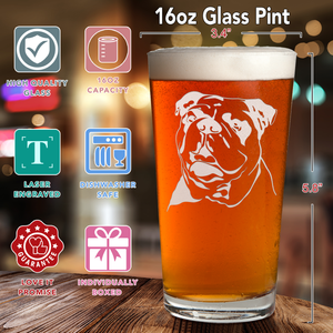 Bulldog Head Laser Engraved Beer Pint Glass