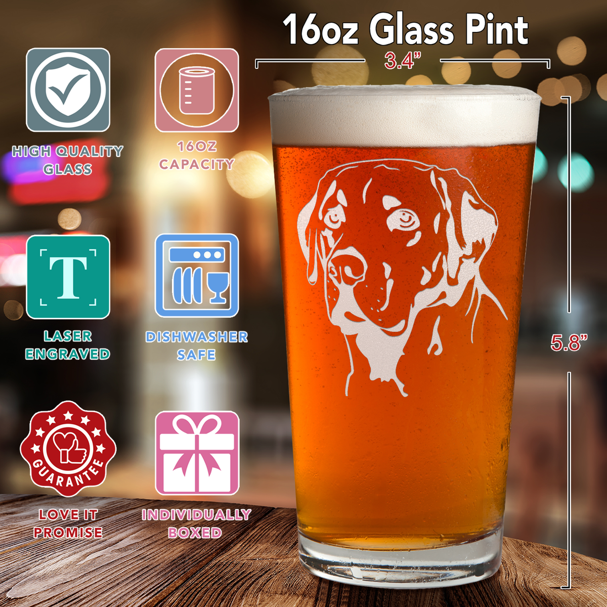 Labrador Head Laser Engraved Beer Pint Glass