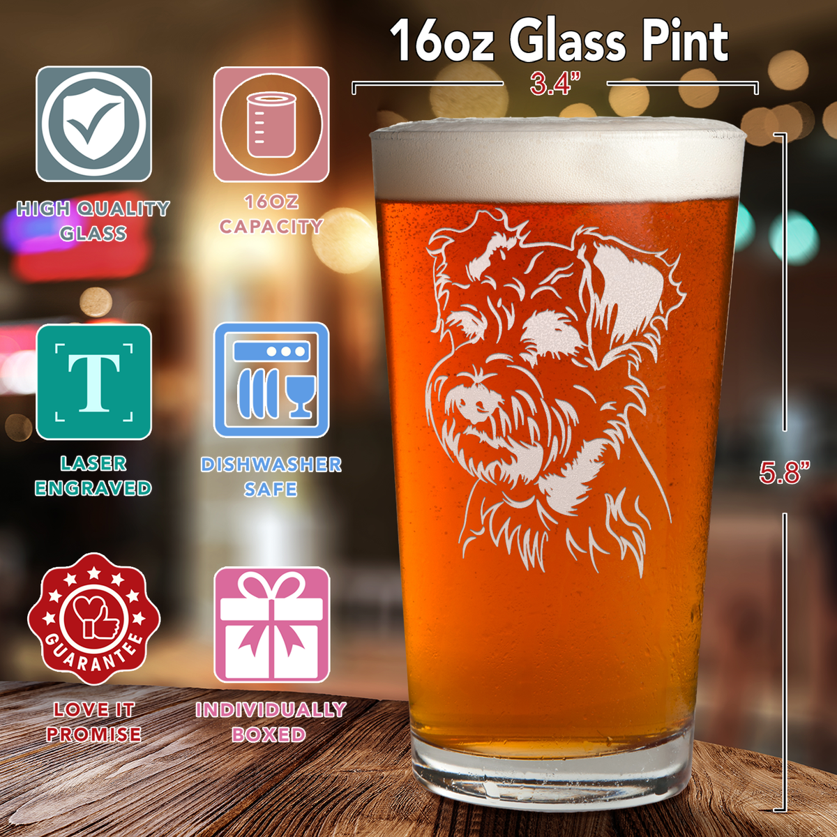 Miniature Schnauzer Head Laser Engraved Beer Pint Glass