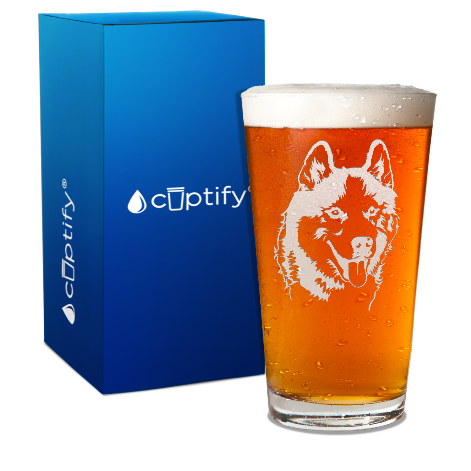 Siberian Huskie Head Engraved 16oz Beer Pint Glass