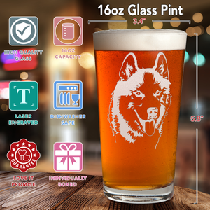 Siberian Huskie Head Laser Engraved Beer Pint Glass