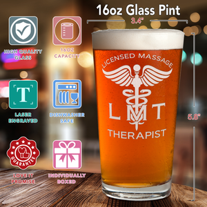 LMT Licensed Massage Therapist Laser Engraved Beer Pint Glass