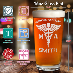 Personalized MA Medical Assistant Laser Engraved Beer Pint Glass