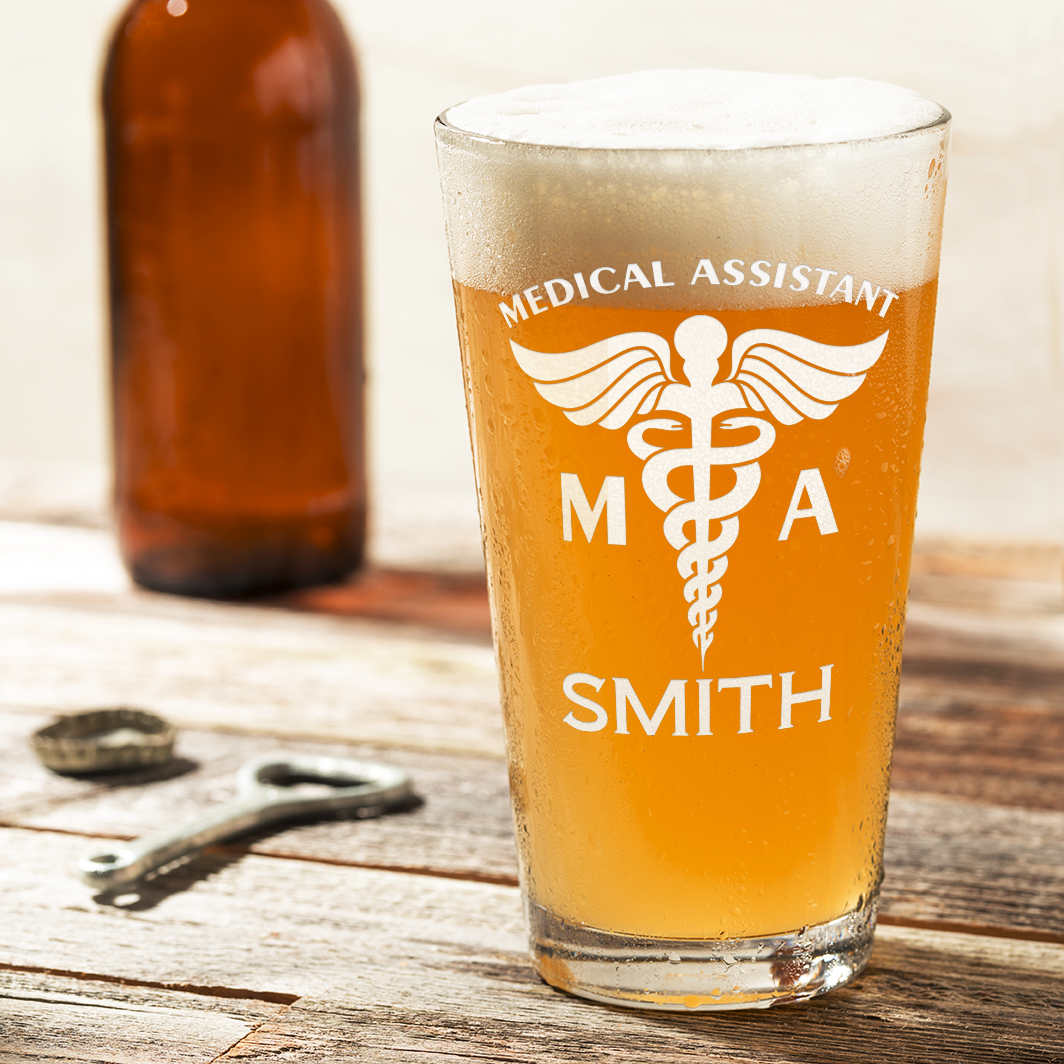 Personalized MA Medical Assistant Laser Engraved Beer Pint Glass