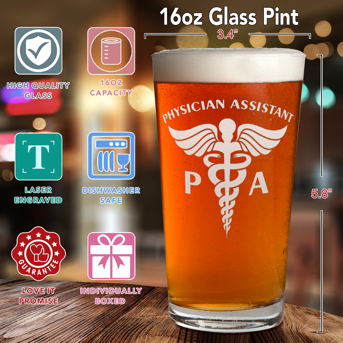 PA Physician Assistant Laser Engraved Beer Pint Glass