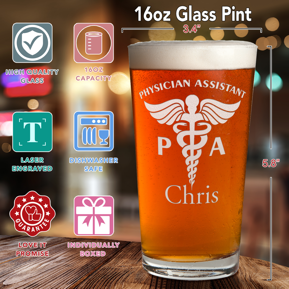 Personalized PA Physician Assistant Laser Engraved Beer Pint Glass