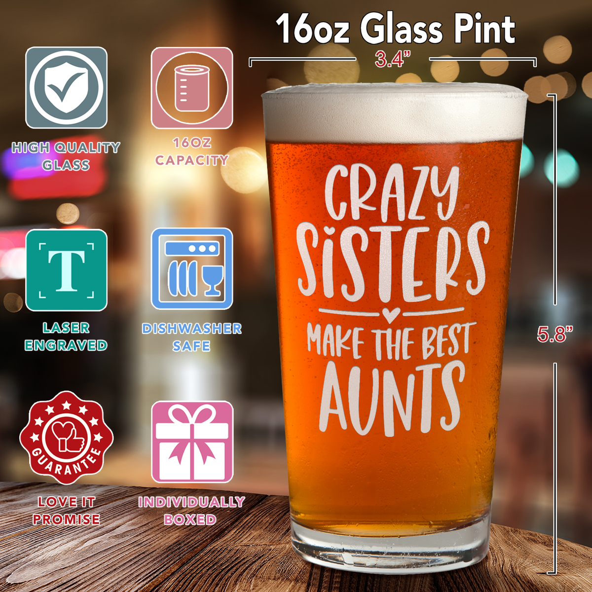 Crazy Sisters Make The Best Aunt Engraved Beer Pint Glass