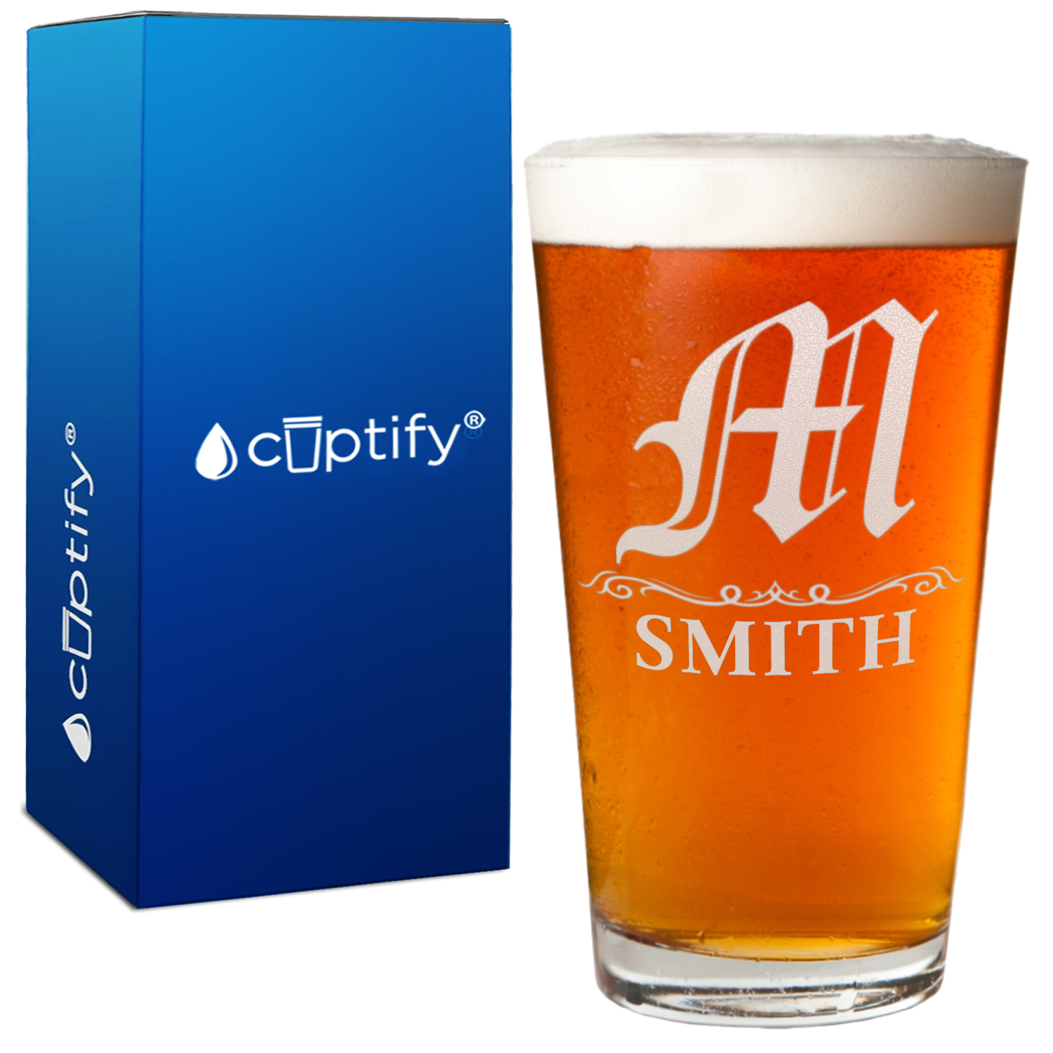 Personalized Gothic Initial Etched 16oz Pint Glass