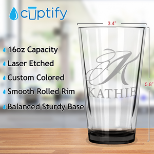 Personalized Script Initial and Name Black Bottom Beer Pint Glass