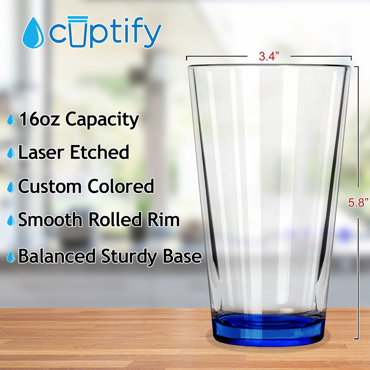Cuptify Blue Bottom 16oz Beer Pint Glass