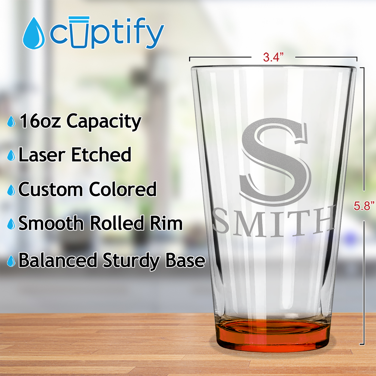 Personalized Initial and Name Orange Bottom Beer Pint Glass