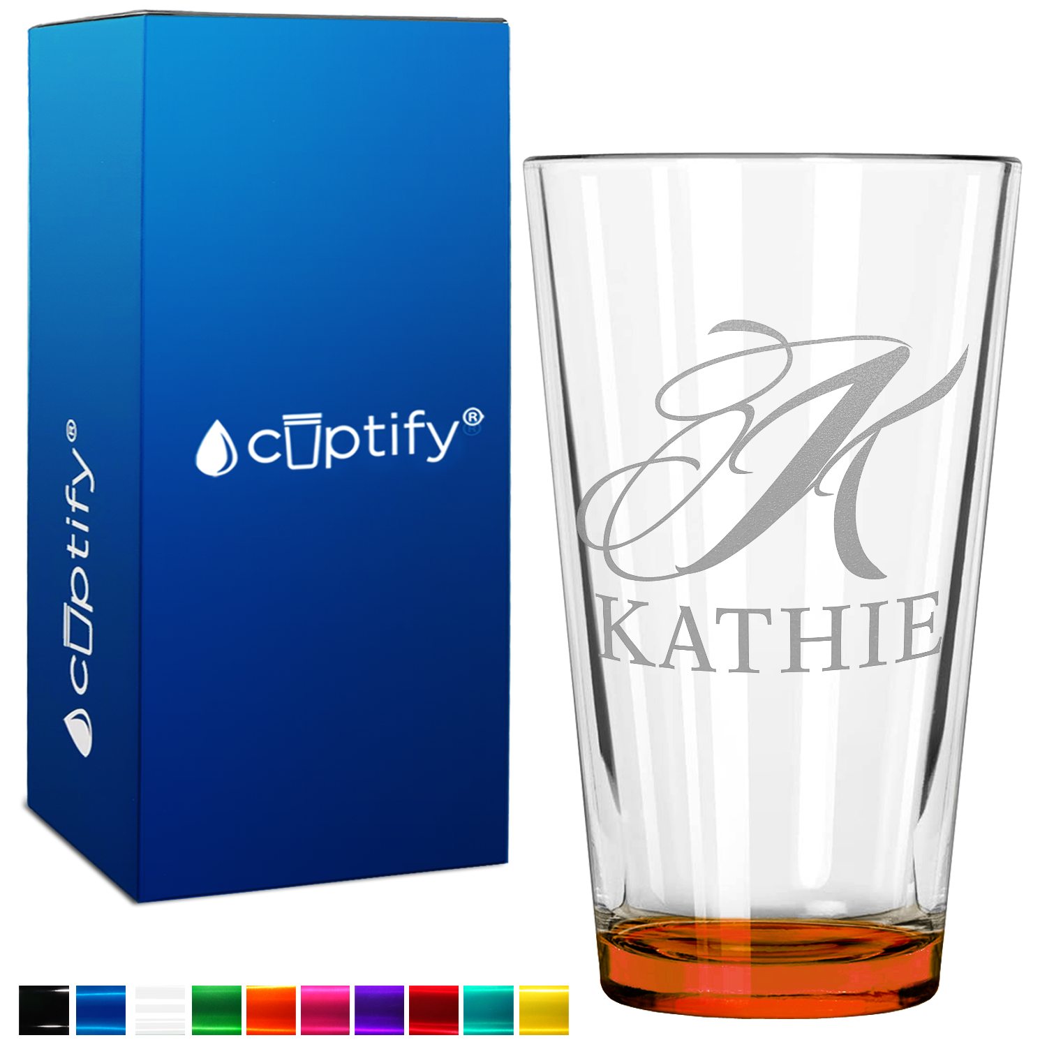Personalized Script Initial and Name Orange Bottom Beer Pint Glass