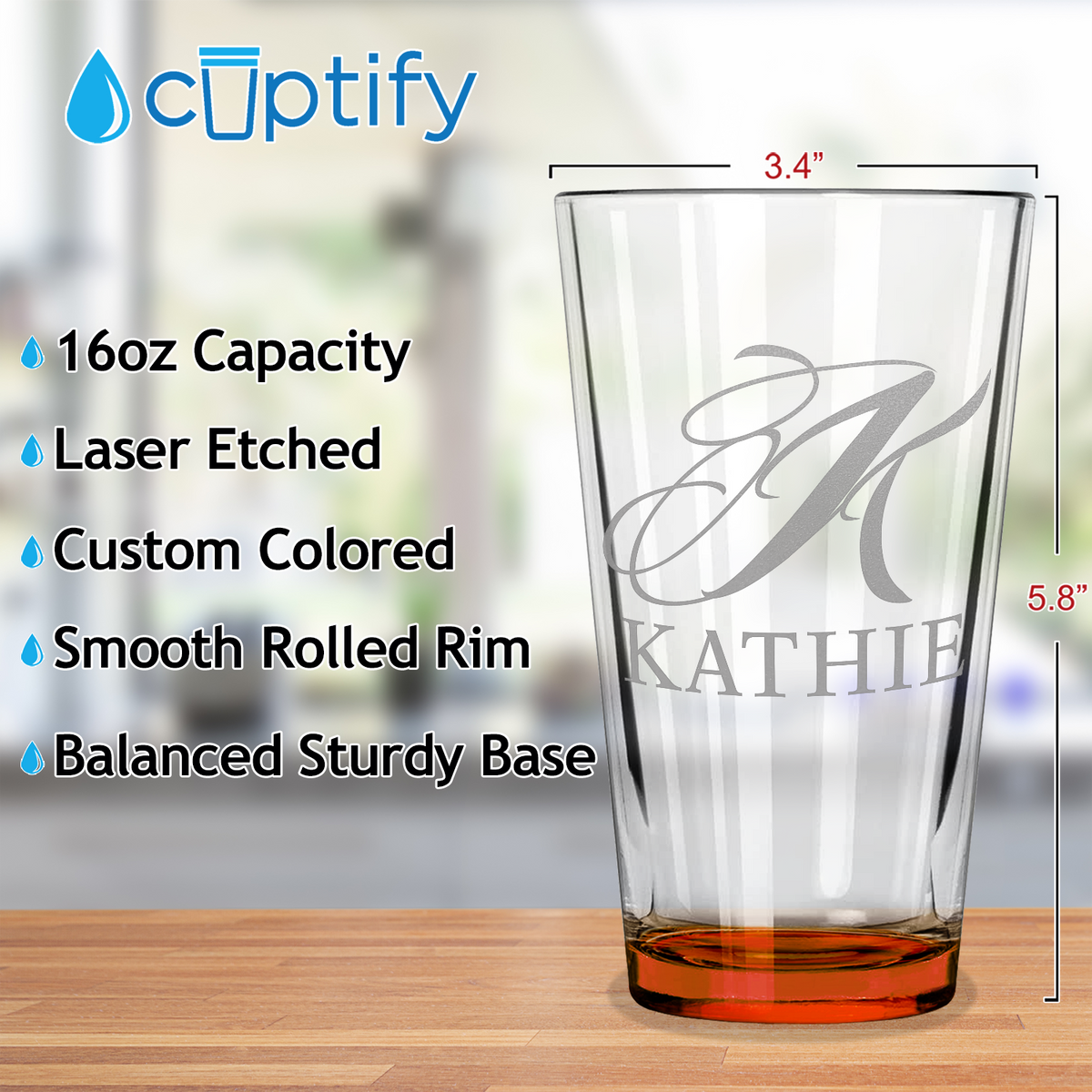 Personalized Script Initial and Name Orange Bottom Beer Pint Glass