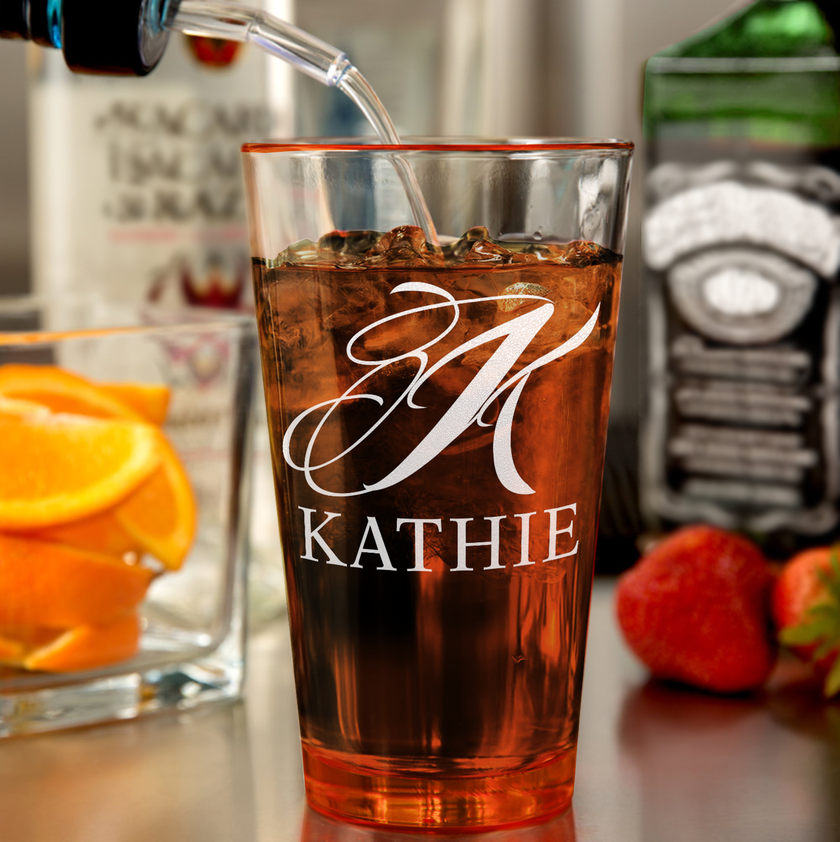 Personalized Script Initial and Name Orange Bottom Beer Pint Glass