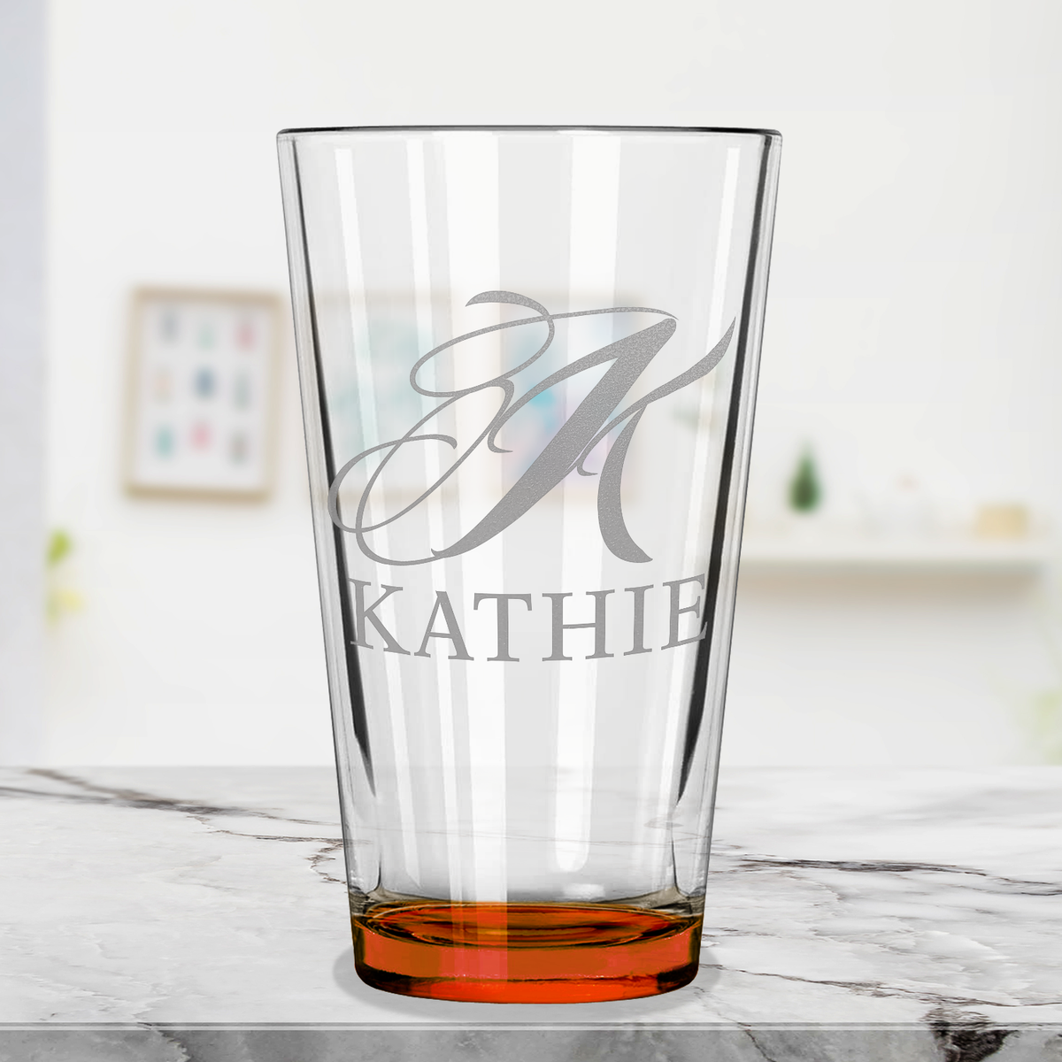 Personalized Script Initial and Name Orange Bottom Beer Pint Glass