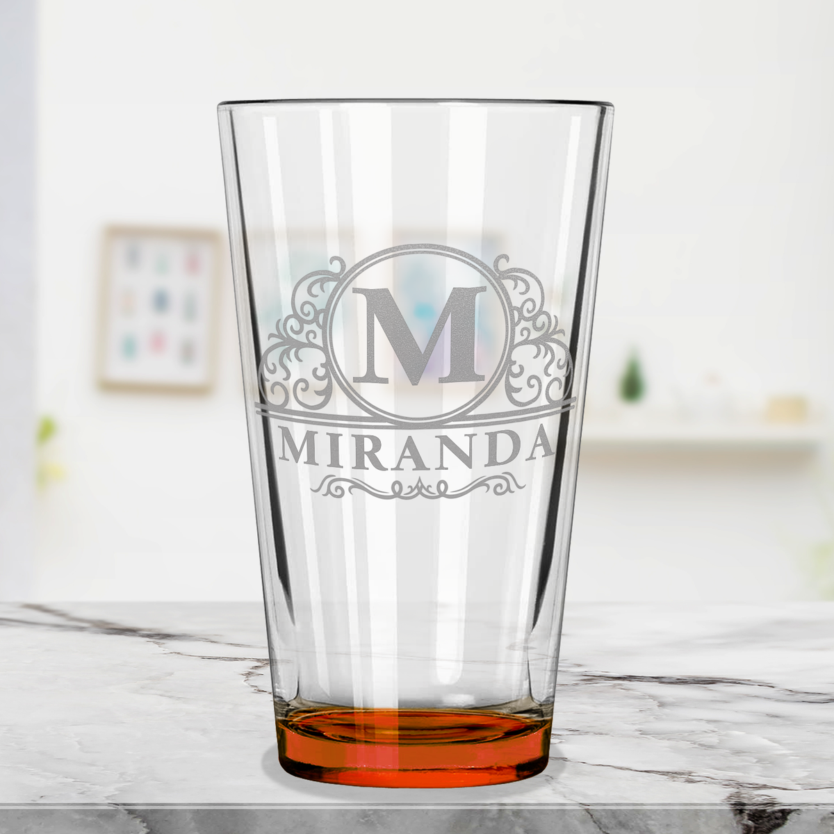Personalized Elaborate Circle Orange Bottom Beer Pint Glass