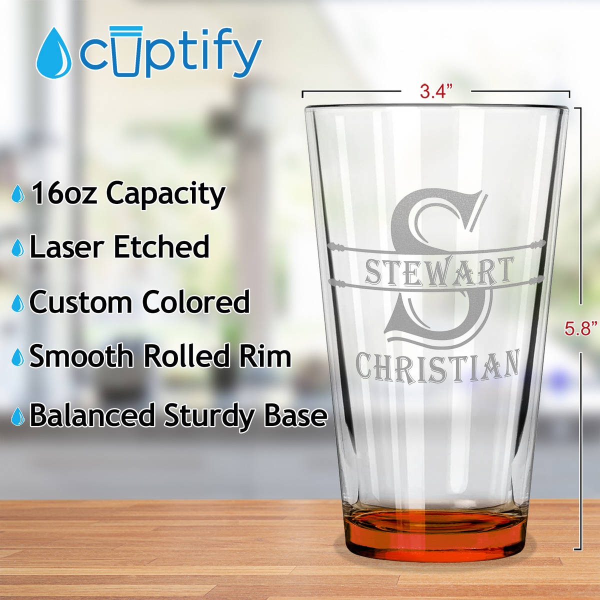 Personalized Initial Block Orange Bottom Beer Pint Glass