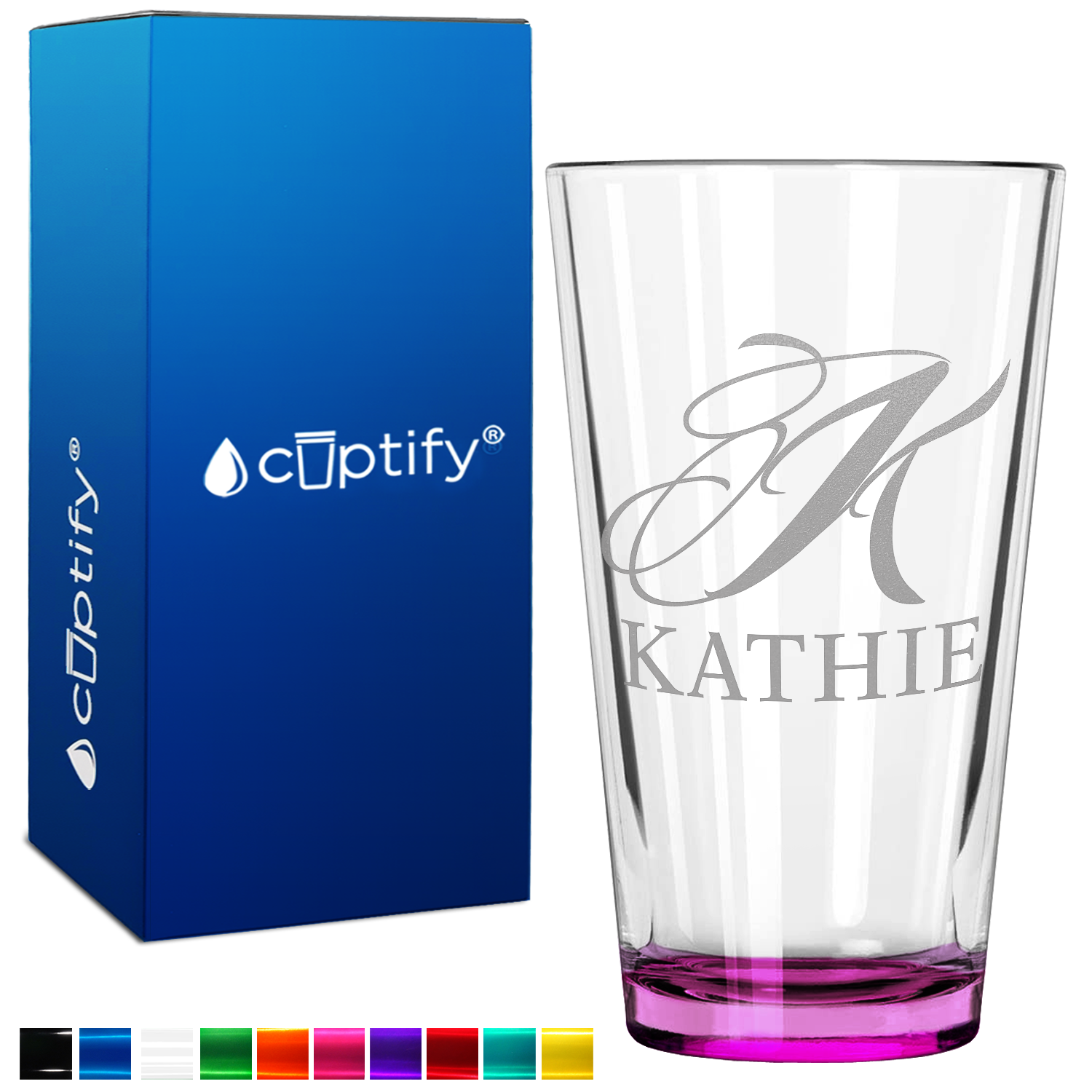 Personalized Script Initial and Name Pink Bottom Beer Pint Glass