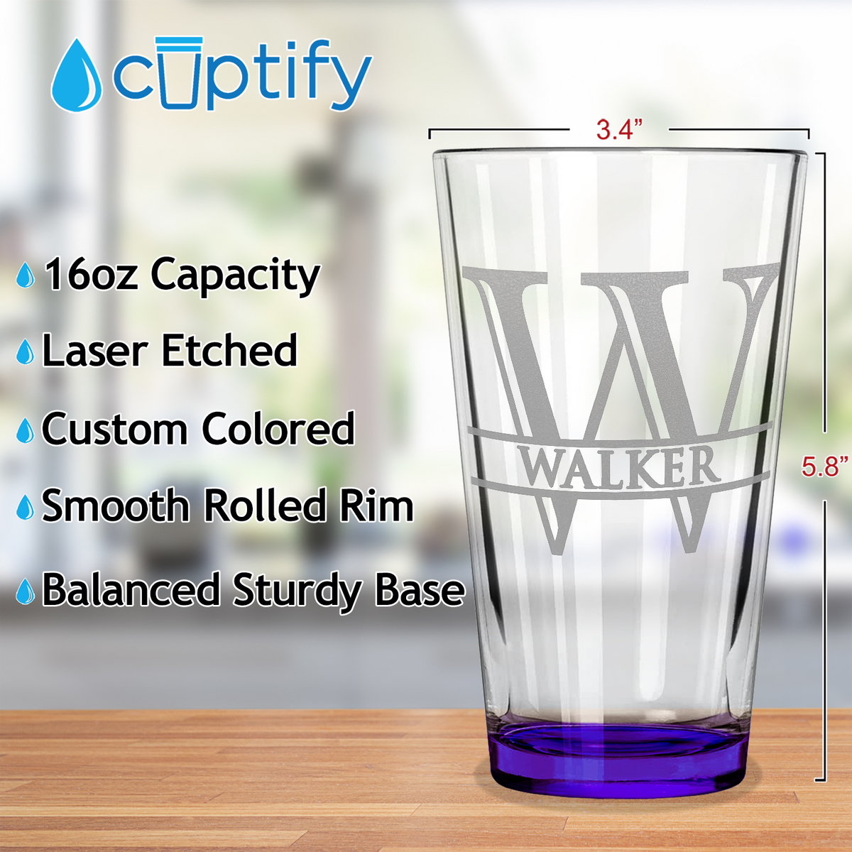 Personalized Split Script Initial and Name Purple Bottom Beer Pint Glass