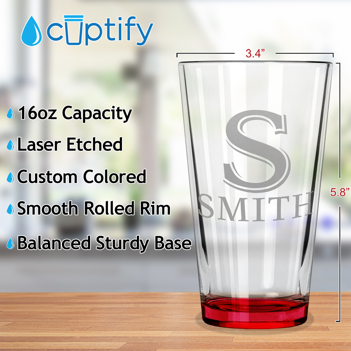 Personalized Initial and Name Red Bottom Beer Pint Glass