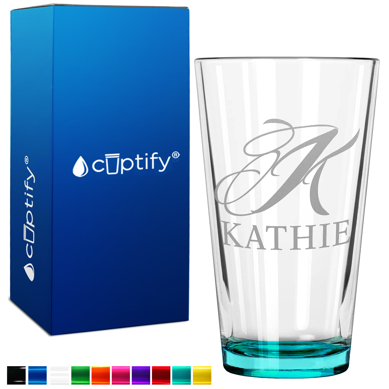 Personalized Script Initial and Name Teal Bottom Beer Pint Glass