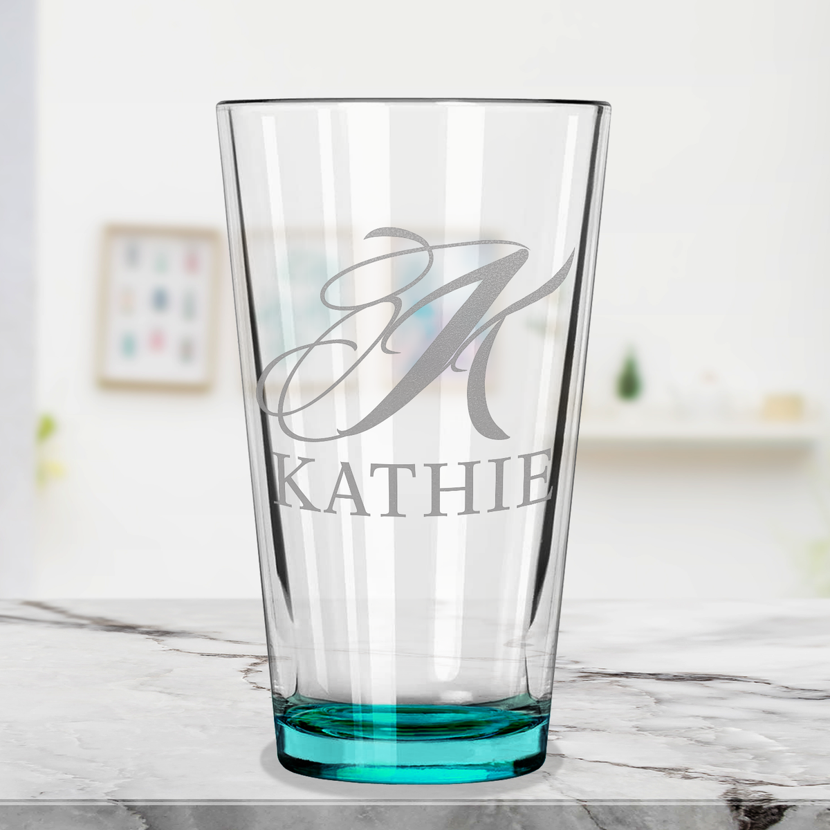 Personalized Script Initial and Name Teal Bottom Beer Pint Glass