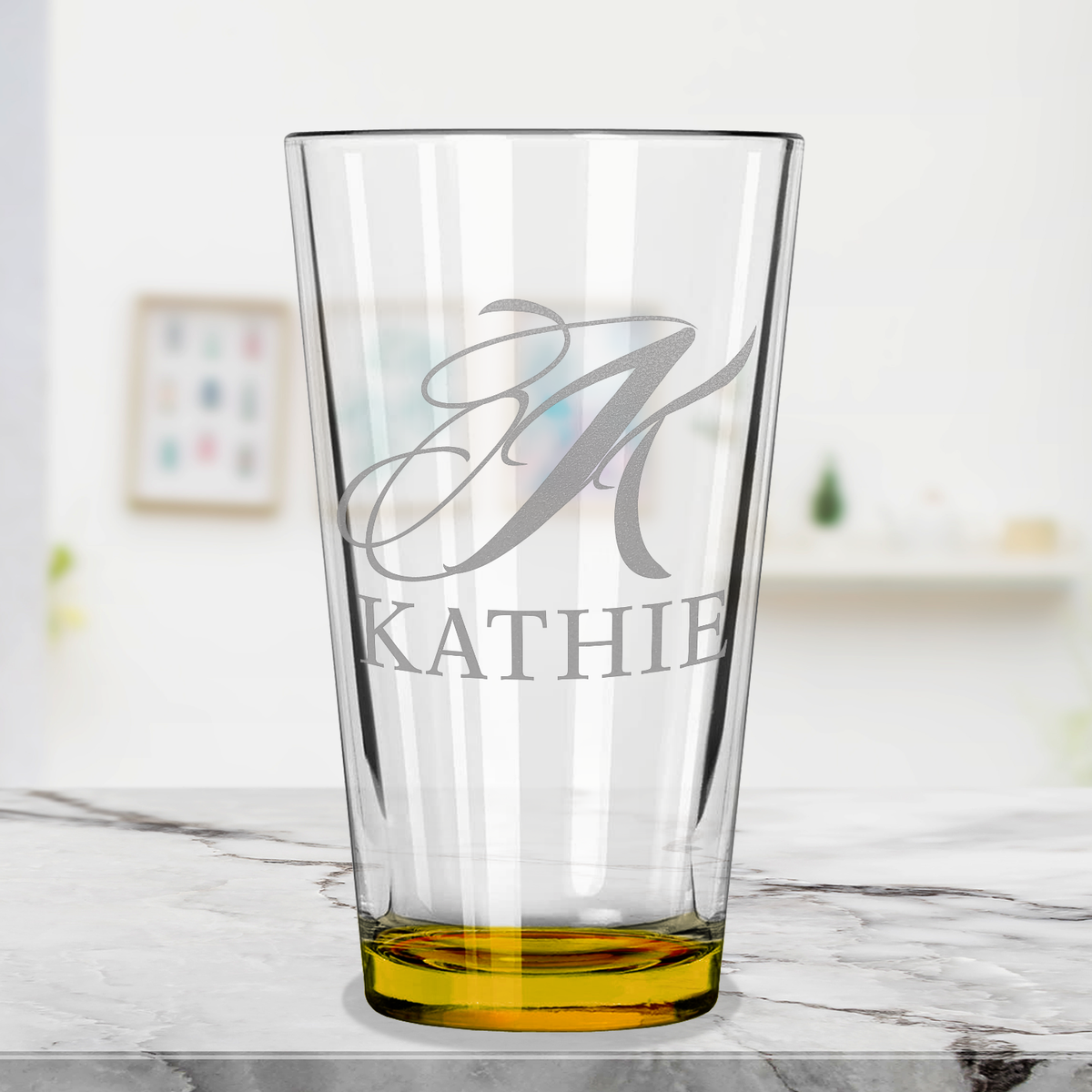 Personalized Script Initial and Name Yellow Bottom Beer Pint Glass