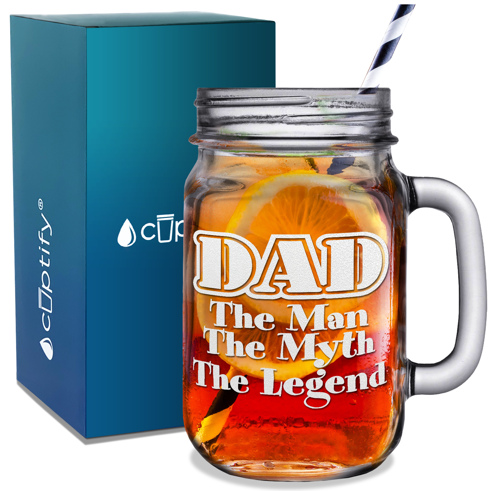 DAD The Man The Myth The Legend Etched on 16oz Mason Jar Glass