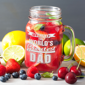 Officially World's Greatest Dad Etched on 16oz Mason Jar Glass