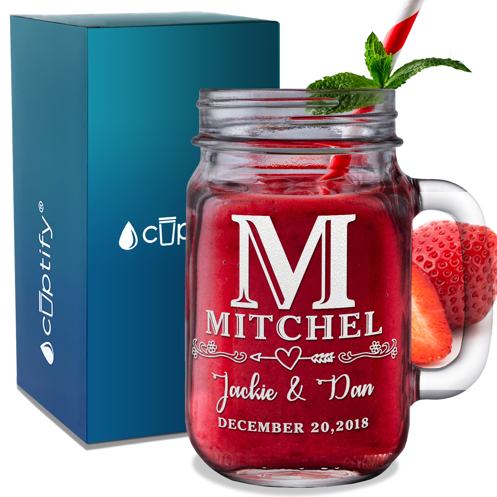 Personalized Initial and Name with Date Etched 16 oz Mason Jar Glass