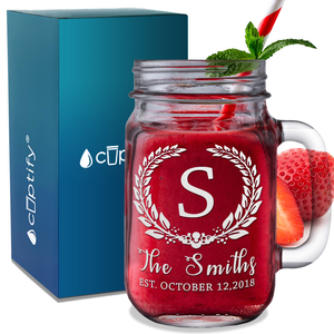 Personalized Crest Initial, Name and Date Etched 16 oz Mason Jar Glass