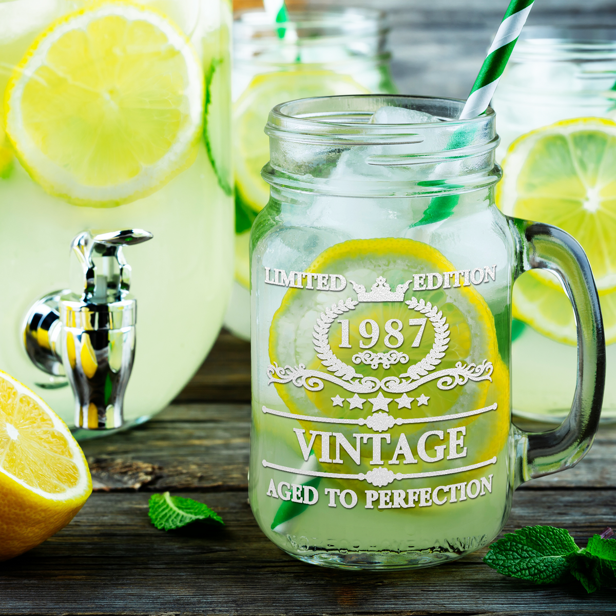 34th Birthday Vintage 34 Years Old Established 1987 Laser Engraved 16oz Mason Jar