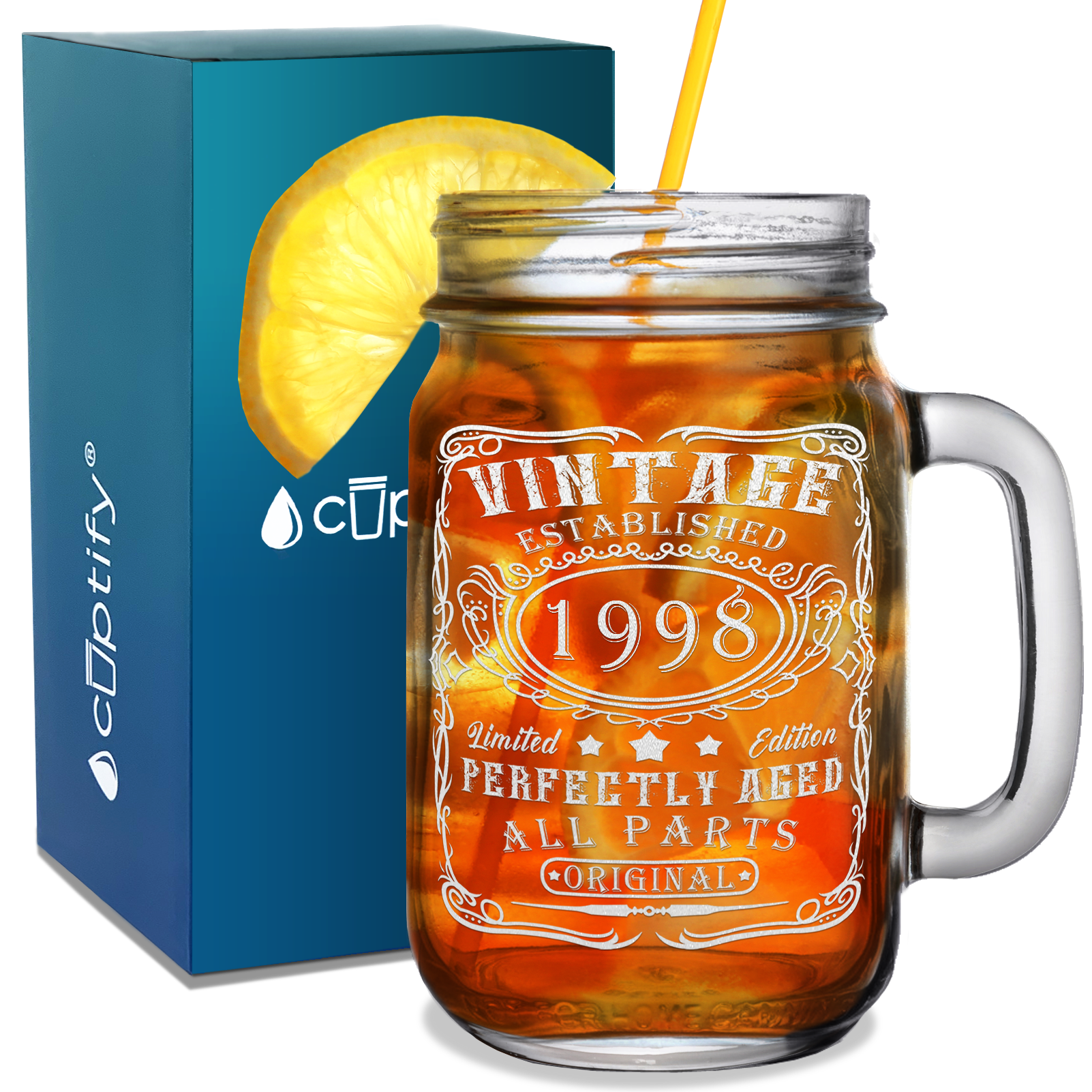23rd Birthday Gift Vintage Established 1998 Laser Engraved on 16oz Mason Jar