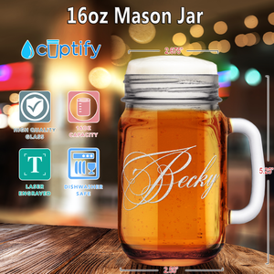 Personalized Decorative Script Etched 16 oz Mason Jar Glass