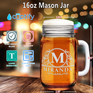 Personalized Elaborate Circle Etched 16 oz Mason Jar Glass