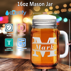 Personalized Initial Classic Block Etched 16 oz Mason Jar Glass