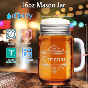 Personalized Crest Border Etched 16 oz Mason Jar Glass