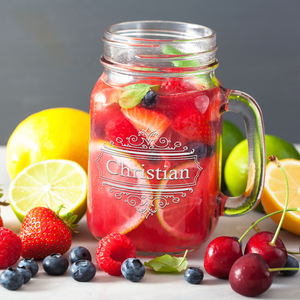 Personalized Crest Border Etched 16 oz Mason Jar Glass