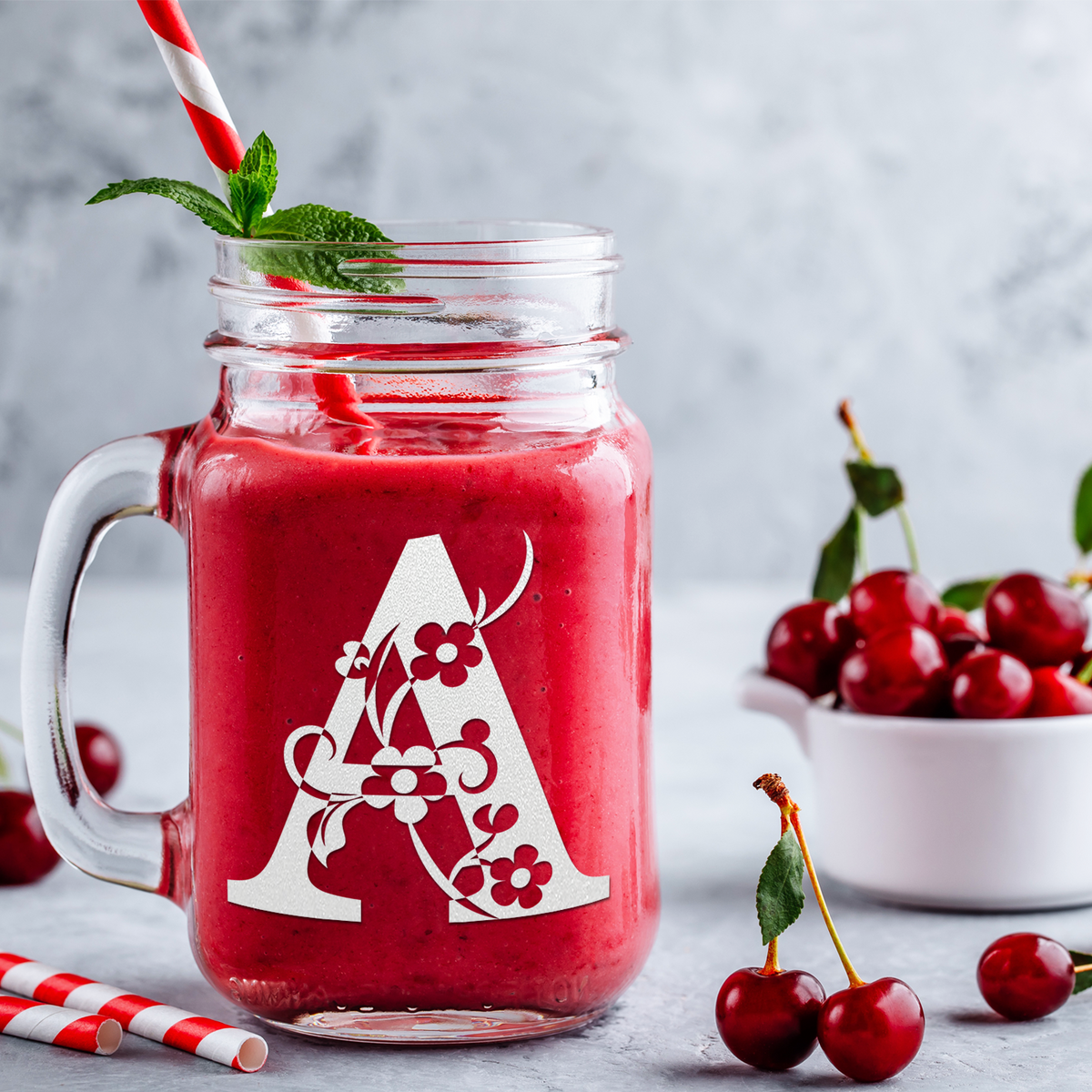  Monogram Floral Initial Letter A Etched on 16 oz Mason Jar Glass