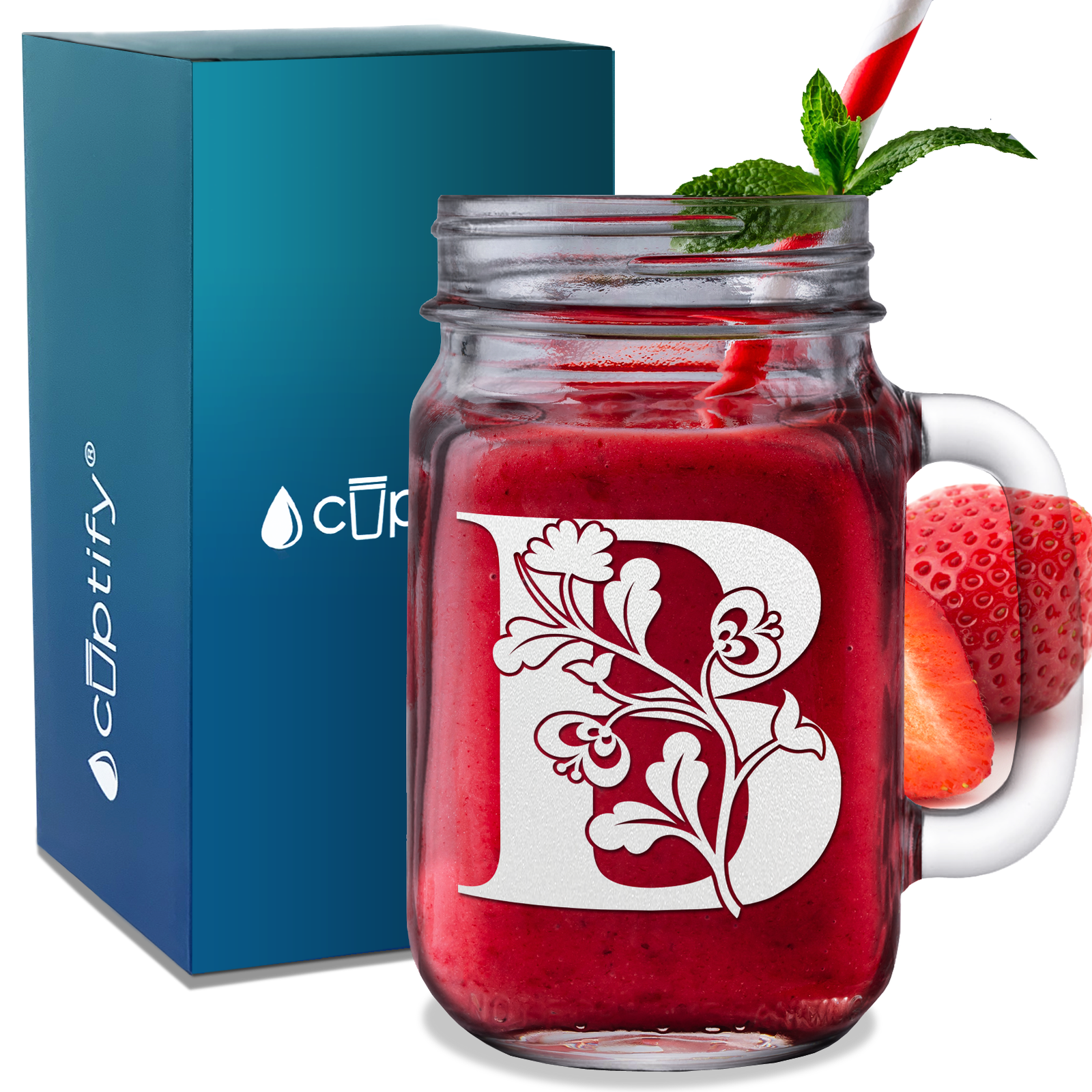 Monogram Blooming Floral Initial Letter B 16 oz Mason Jar