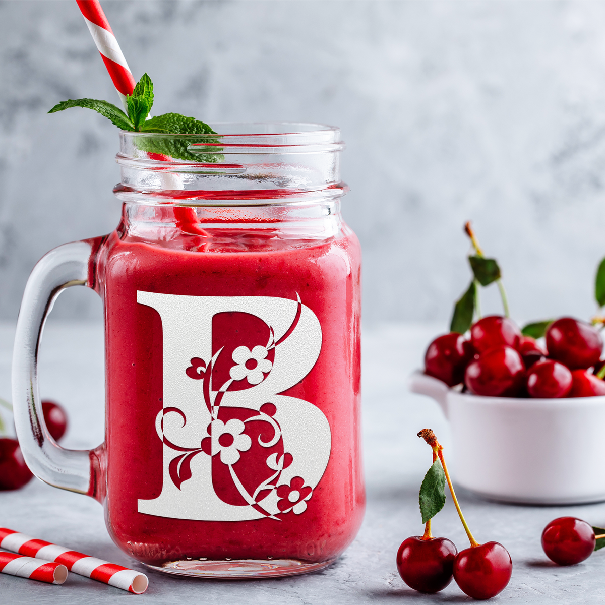  Monogram Floral Initial Letter B Etched on 16 oz Mason Jar Glass